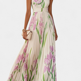 Calanthe Dress Long Pleated Printed Floral and Neckline Square