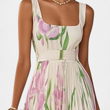 Calanthe Dress Long Pleated Printed Floral and Neckline Square
