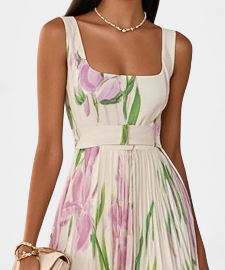 Calanthe Dress Long Pleated Printed Floral and Neckline Cuadrado