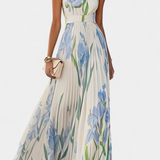 Calanthe Dress Long Pleated Printed Floral and Neckline Square