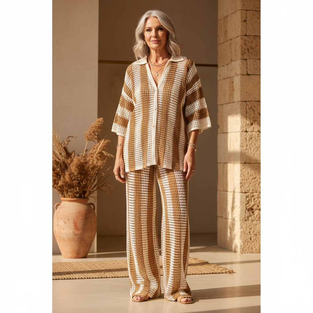 Zenaida™ | Set Crochet Stripes Kimono and Trousers