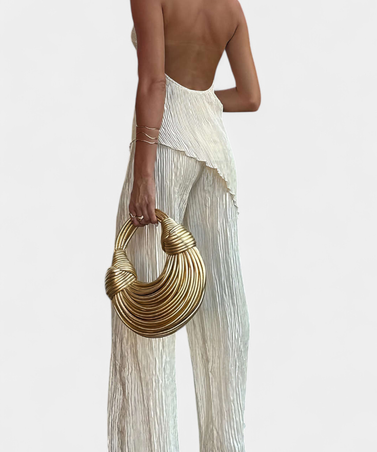 Pilarica Pleated Set with Top Asymmetric Halter and Trousers Flowy