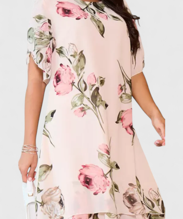 Tameka Dress of Gasa Flowy with Pétalos and Sleeves Transparentes