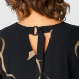 Allegra Dress Black Printed Abstracto in Oro and V-neckline