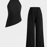 Pilarica Pleated Set with Top Asymmetric Halter and Trousers Flowy