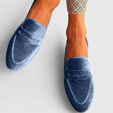 Llnica Loafers of Velvet Blue with Detail Patchwork and Toe Redonda
