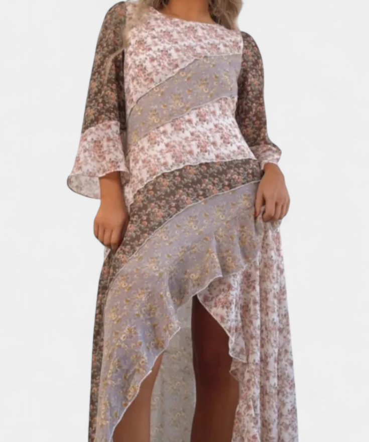 Ruth Dress Long Floral with Sleeves 3/4 and Paneles ruffles
