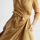 Sharon Dress Midi Vintage of Cotton and Linen with Neckline of Solapa
