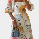 Kacey Dress Midi in Cotton Printed Floral and Sleeve Abullonada
