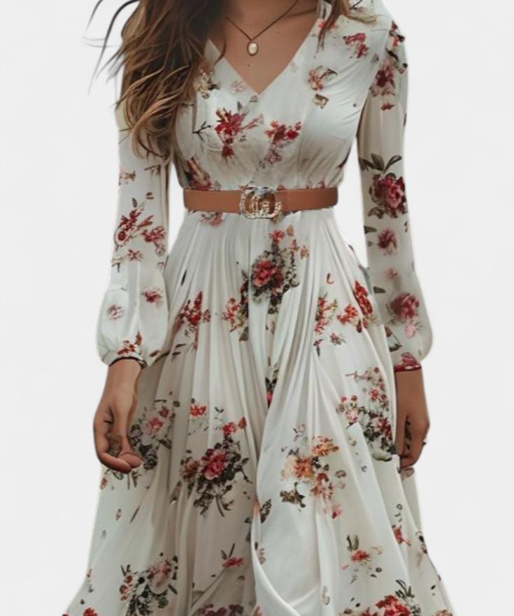 Amanda Dress Maxi Floral with V-Neck and long sleeves