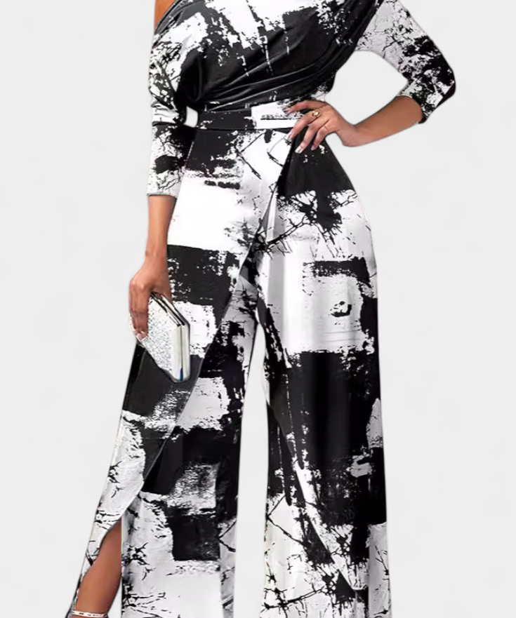 Brina Mono Long Tie Dye with Off-Shoulder and wide-leg with Slit
