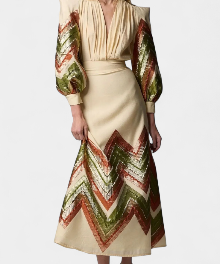 Avenza Set of Body with Puff Sleeves and Skirt Midi Geométrica
