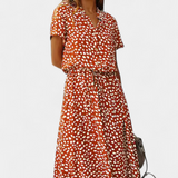 Rovena Dress Midi Polka-Dot with Neckline Shirt and Waist Adjustable