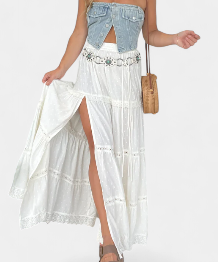 Dola Skirt Maxi Boho with Lace and Front Slit