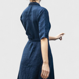 Sharon Dress Midi Vintage of Cotton and Linen with Neckline of Solapa