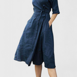Sharon Dress Midi Vintage of Cotton and Linen with Neckline of Solapa