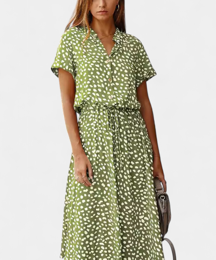 Rovena Dress Midi Polka-Dot with Neckline Camisero and Waist Adjustable