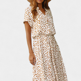 Rovena Dress Midi Polka-Dot with Neckline Shirt and Waist Adjustable