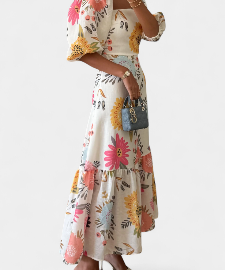 Kacey Dress Midi of Cotton Printed Floral and Sleeve Abullonada