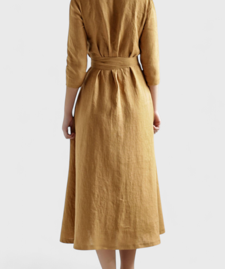 Sharon Dress Midi Vintage of Cotton and Linen with Neckline of Solapa